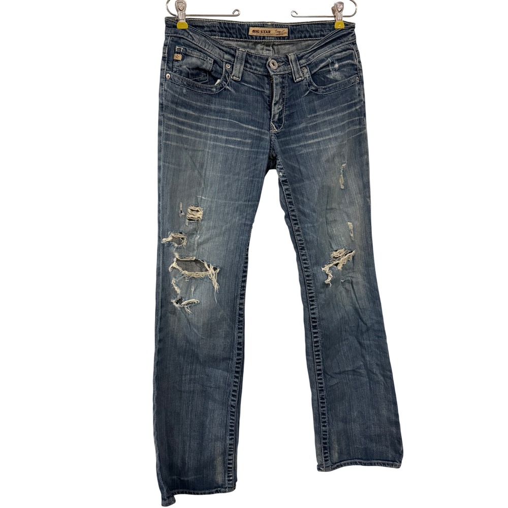 Big Star Casey K Low Rise Distressed Straight Leg Jeans Blue Denim Womens 25R